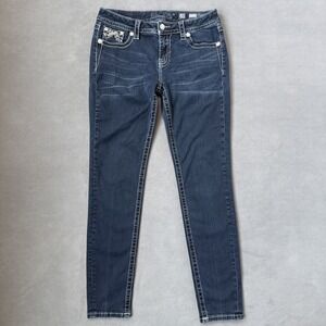 Miss Me Easy Skinny Jeans Womens 28 Blue Low Rise Embellished White Stitch Denim